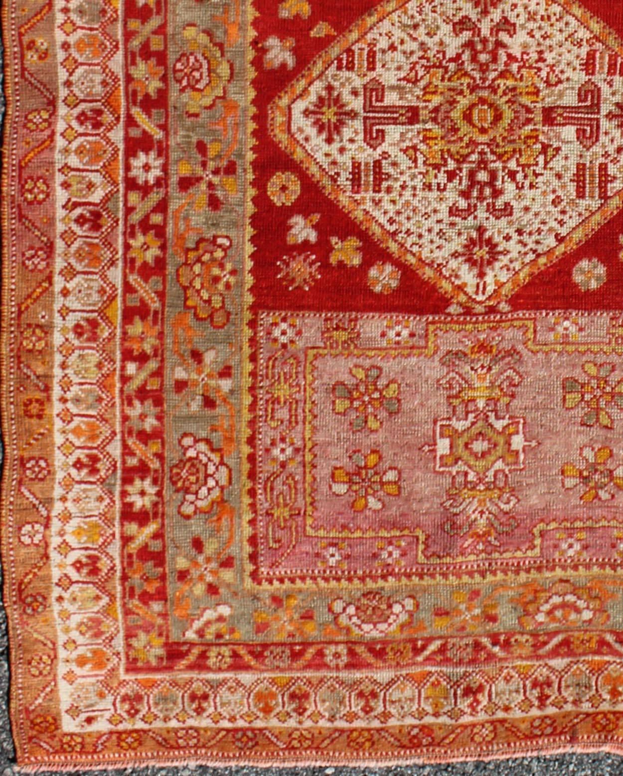 Antique Turkish Oushak Rug With Colorful Flowing Floral and Geometric Motifs in red, green, pink, Keivan Woven Arts/ rug/S12-0523,  origin/Turkey, antique Oushak 

Measures: 3.6 x 4.9

This antique Oushak rug features an intricate and complex design