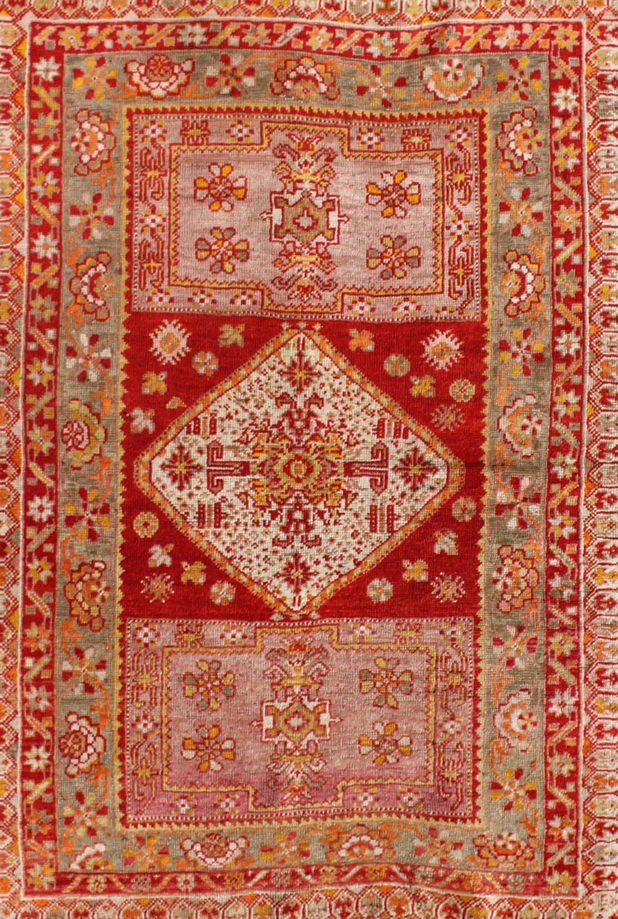 Hand-Knotted Antique Turkish Oushak Rug with Colorful Flowing Floral and Geometric Motifs For Sale