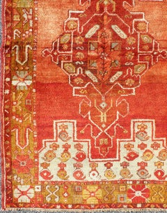 Colorful Antique Turkish Oushak with Red, Rose, Ivory, Yellow-Green & Yellow