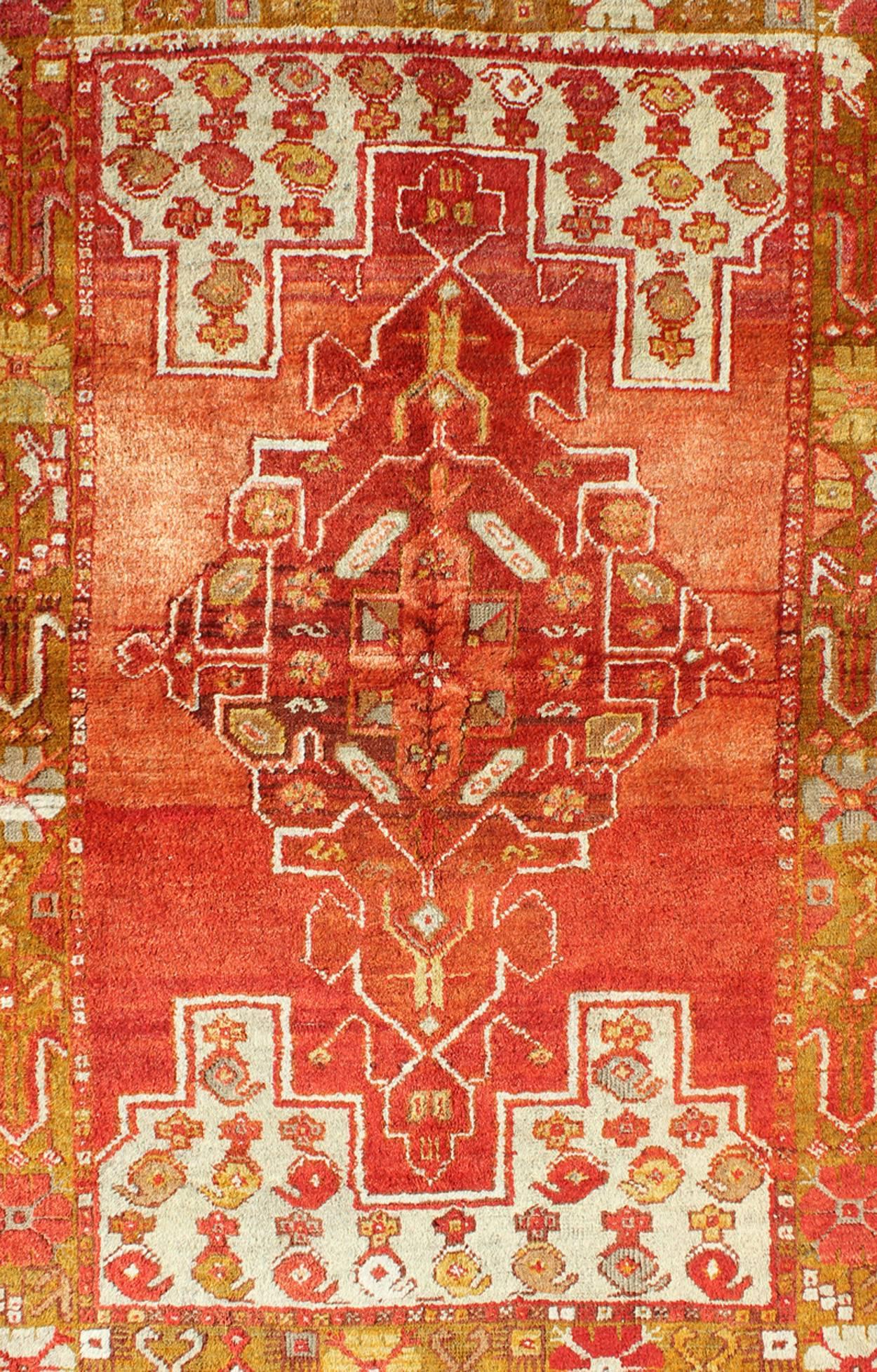 Hand-Knotted Colorful Antique Turkish Oushak with Red, Rose, Ivory, Yellow-Green & Yellow For Sale