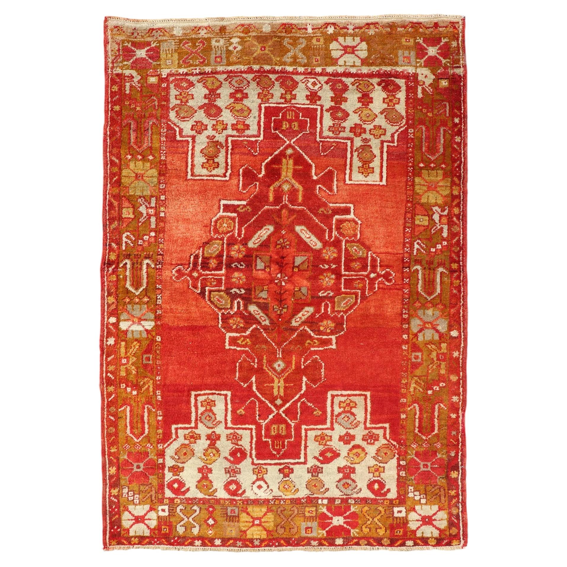 Colorful Antique Turkish Oushak with Red, Rose, Ivory, Yellow-Green & Yellow
