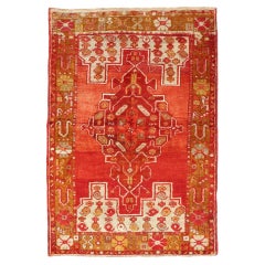Colorful Antique Turkish Oushak with Red, Rose, Ivory, Yellow-Green & Yellow
