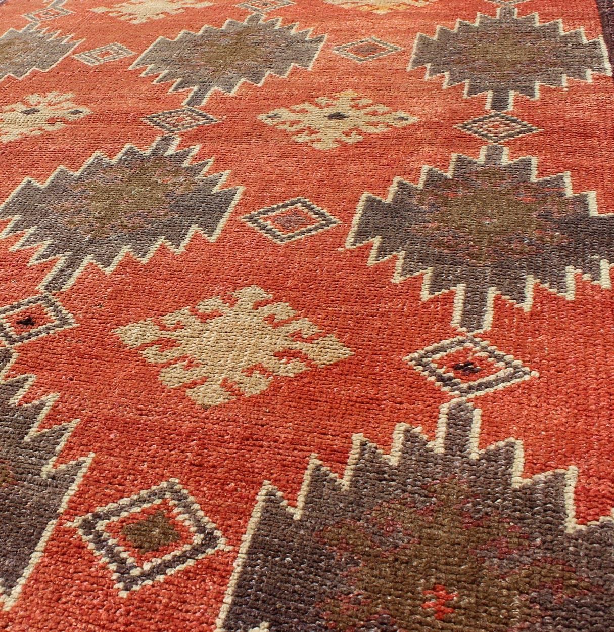 Turkish Vintage Tulu Rug with Geometric Medallions in Orange, Butter, Gray and Brown For Sale