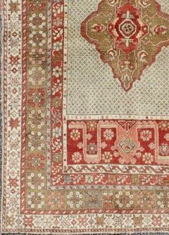 Antique Medallion Turkish Small Oushak Carpet in Various Green Tones & Red