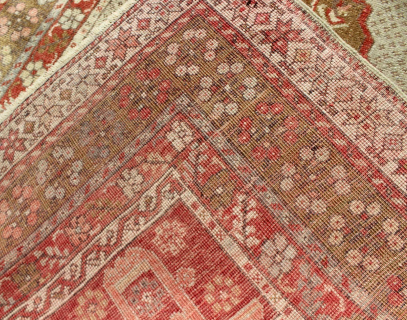 Wool  Antique Medallion Turkish Small Oushak Carpet in Various Green Tones & Red For Sale