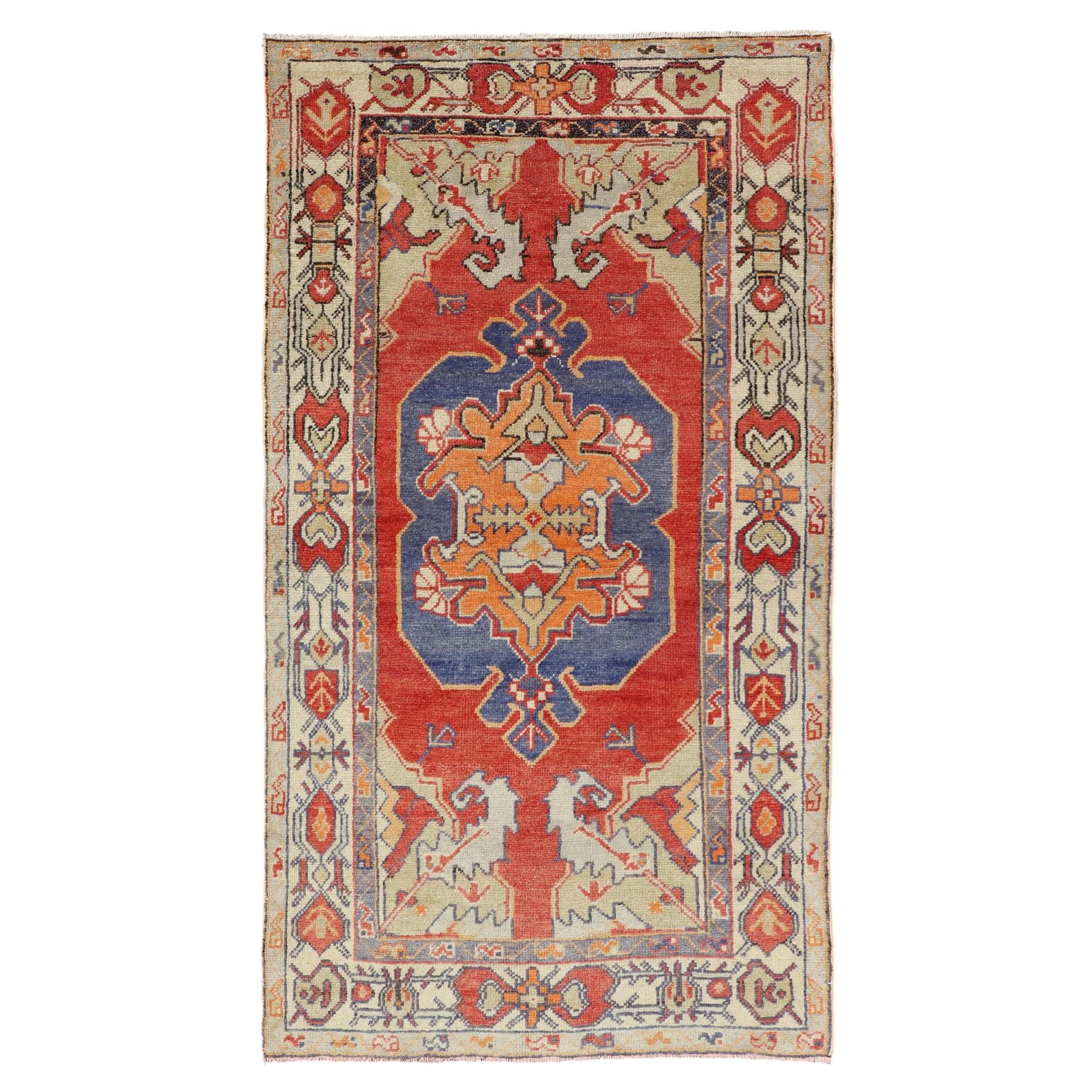 Vintage Turkish Oushak Rug with Bold Red, Indigo Blue, Saffron Gold and Ivory For Sale