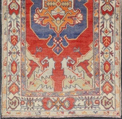 Vintage Turkish Oushak Rug with Bold Red, Indigo Blue, Saffron Gold and Ivory