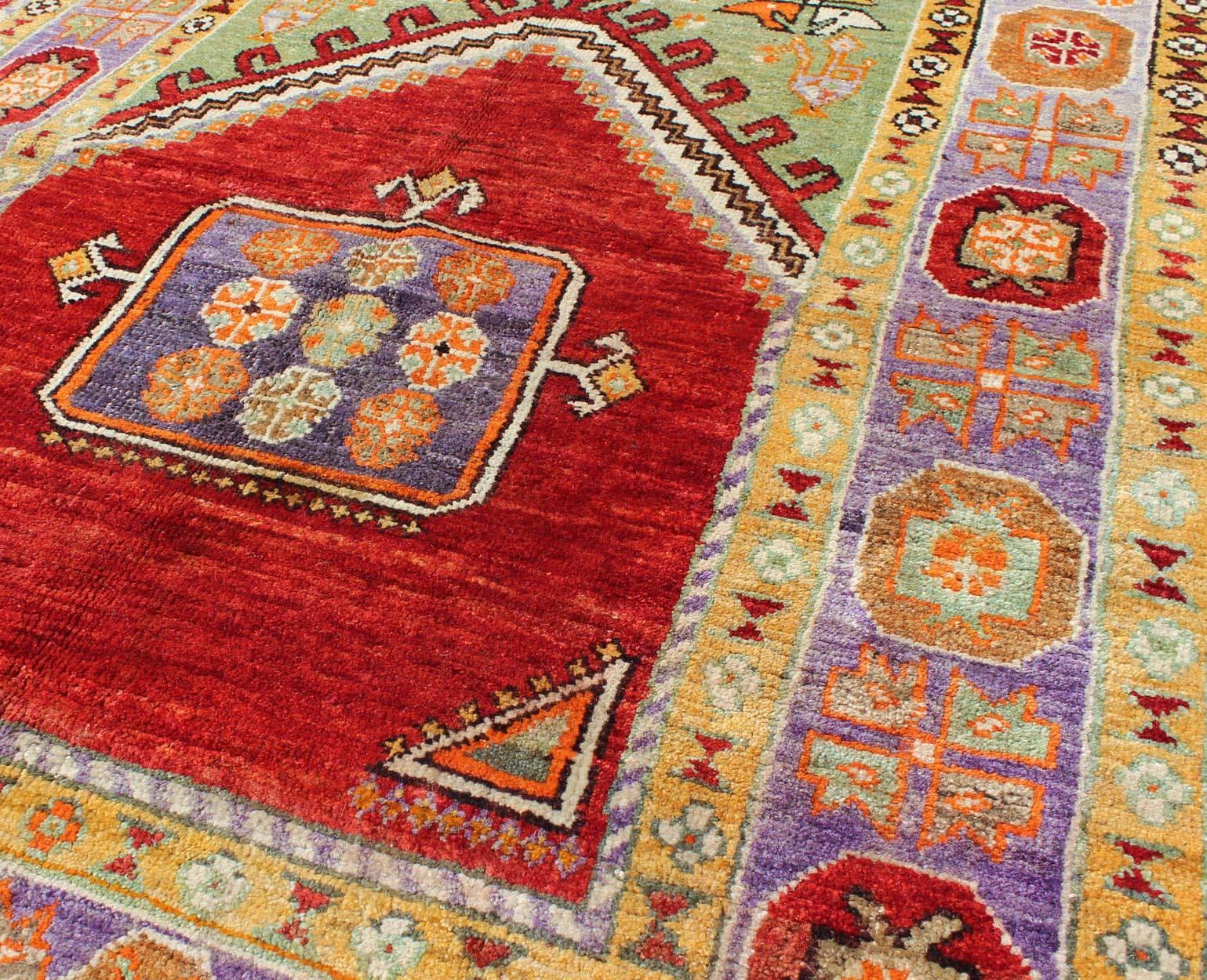 1930's Antique Prayer Design Turkish rug in Colorful Geometric Pattern In Excellent Condition For Sale In Atlanta, GA