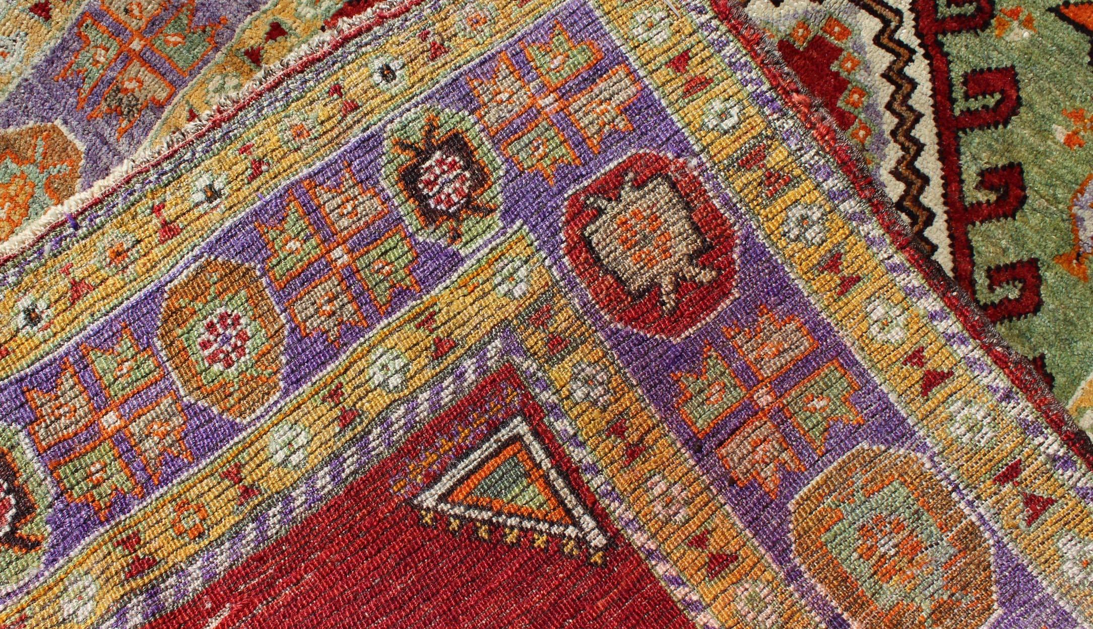 20th Century 1930's Antique Prayer Design Turkish rug in Colorful Geometric Pattern For Sale