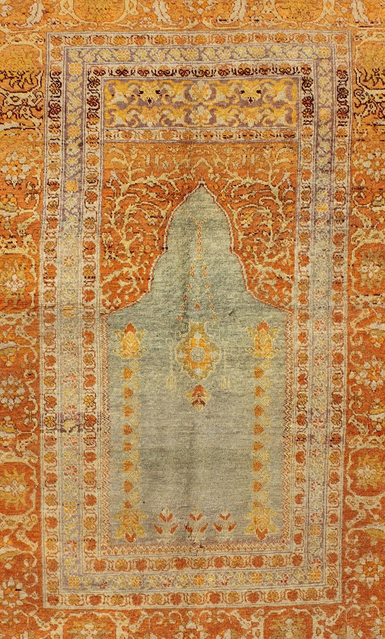 Oushak Antique Turkish Sivas Carpet with Prayer Design in Light Silver and Copper For Sale