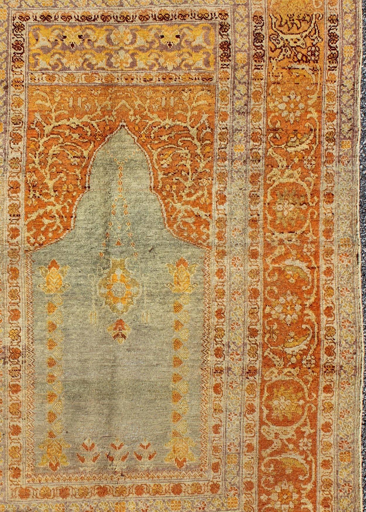 Hand-Knotted Antique Turkish Sivas Carpet with Prayer Design in Light Silver and Copper For Sale