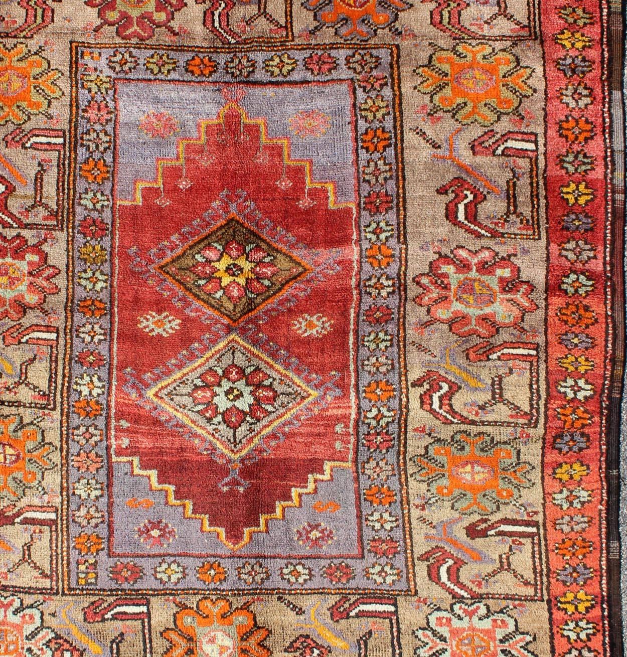 Hand-Knotted Colorful Antique Oushak Square Rug with Geometric Medallions & Floral Border For Sale