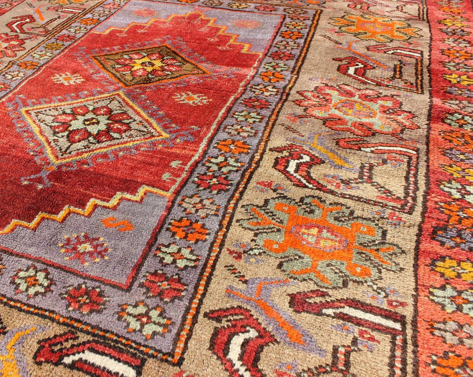 Colorful Antique Oushak Square Rug with Geometric Medallions & Floral Border In Excellent Condition For Sale In Atlanta, GA