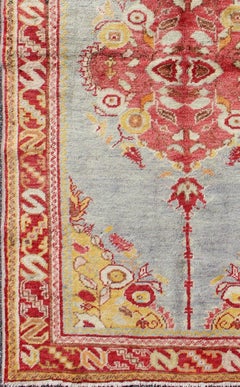 Vintage Turkish Oushak Rug in Sky Blue, Crimson Red, and Golden Yellow