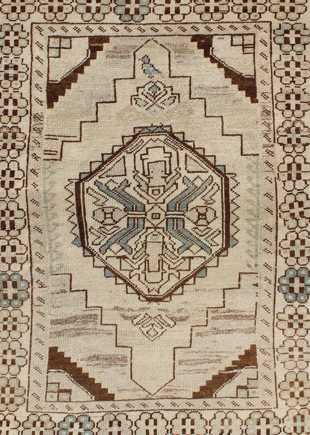 Turkish Vintage Oushak Rug from Turkey with Geometric Medallion in Cream and Blue For Sale