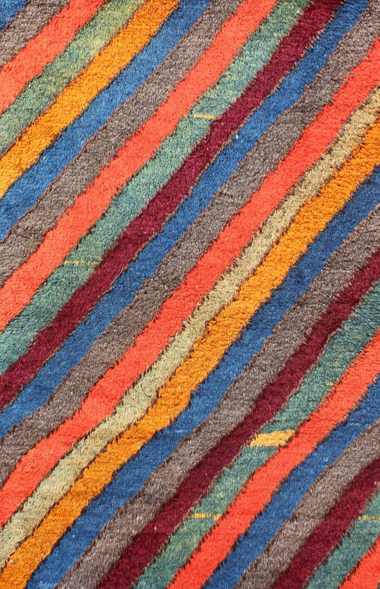 Hand-Knotted Colorful Vintage Turkish Tulu Rug with Horizontal Stripes & Fine Wool For Sale