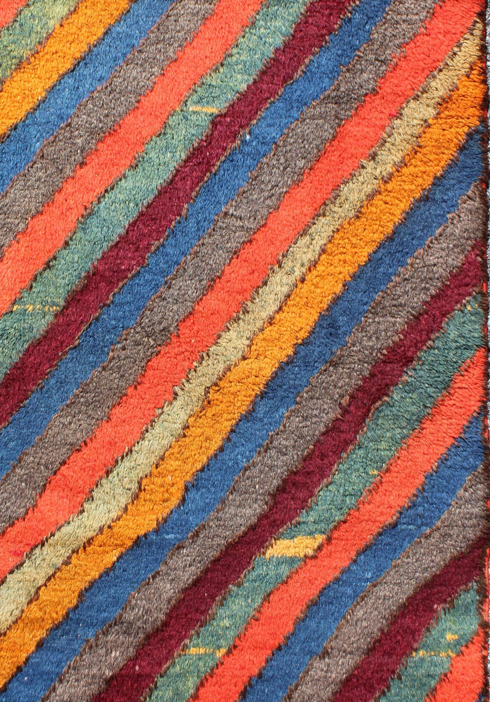 Colorful Vintage Turkish Tulu Rug with Horizontal Stripes & Fine Wool In Excellent Condition For Sale In Atlanta, GA