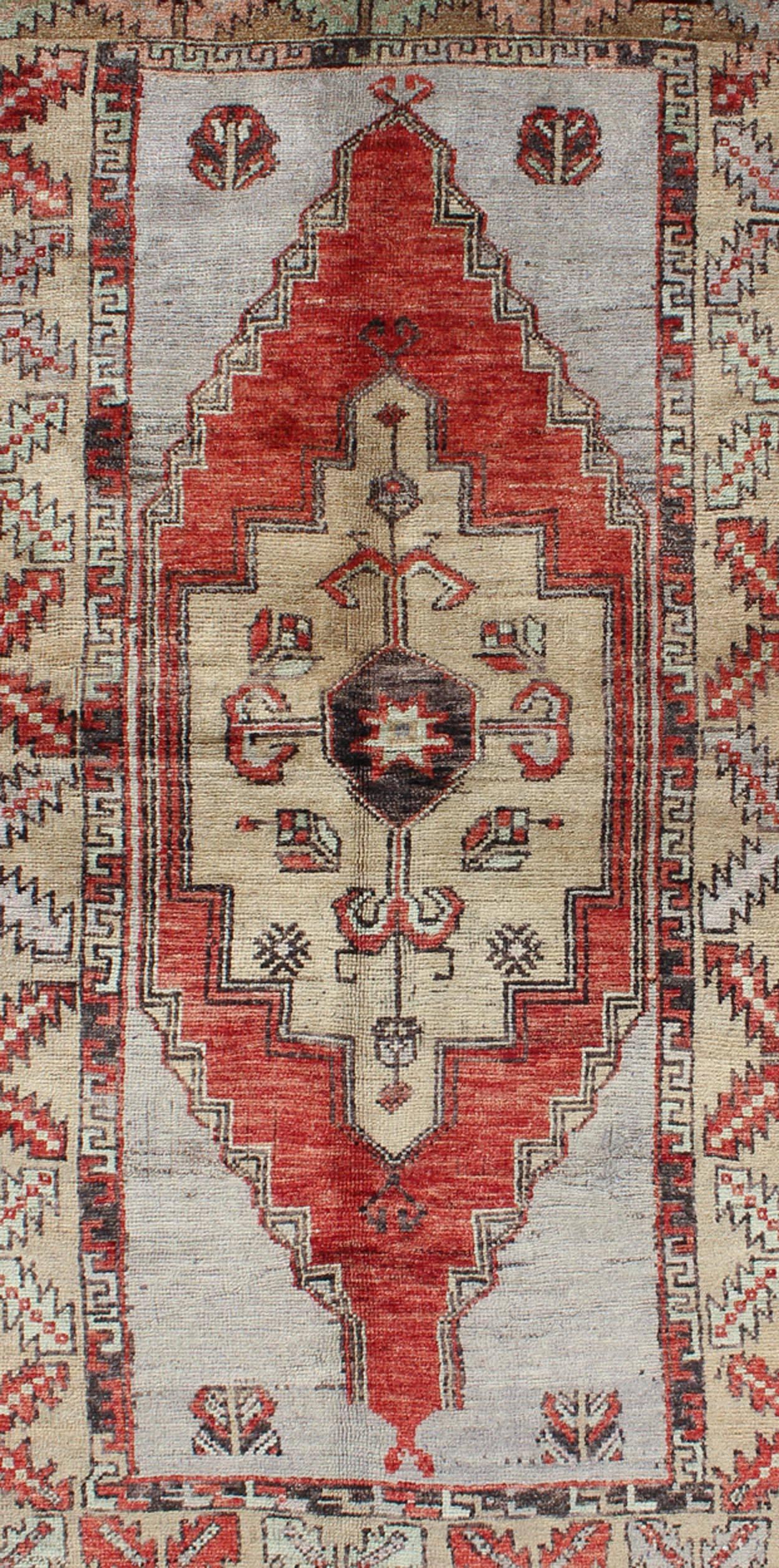 Hand-Knotted Vintage Turkish Oushak Rug in Orange Red, Butter & Light Gray For Sale
