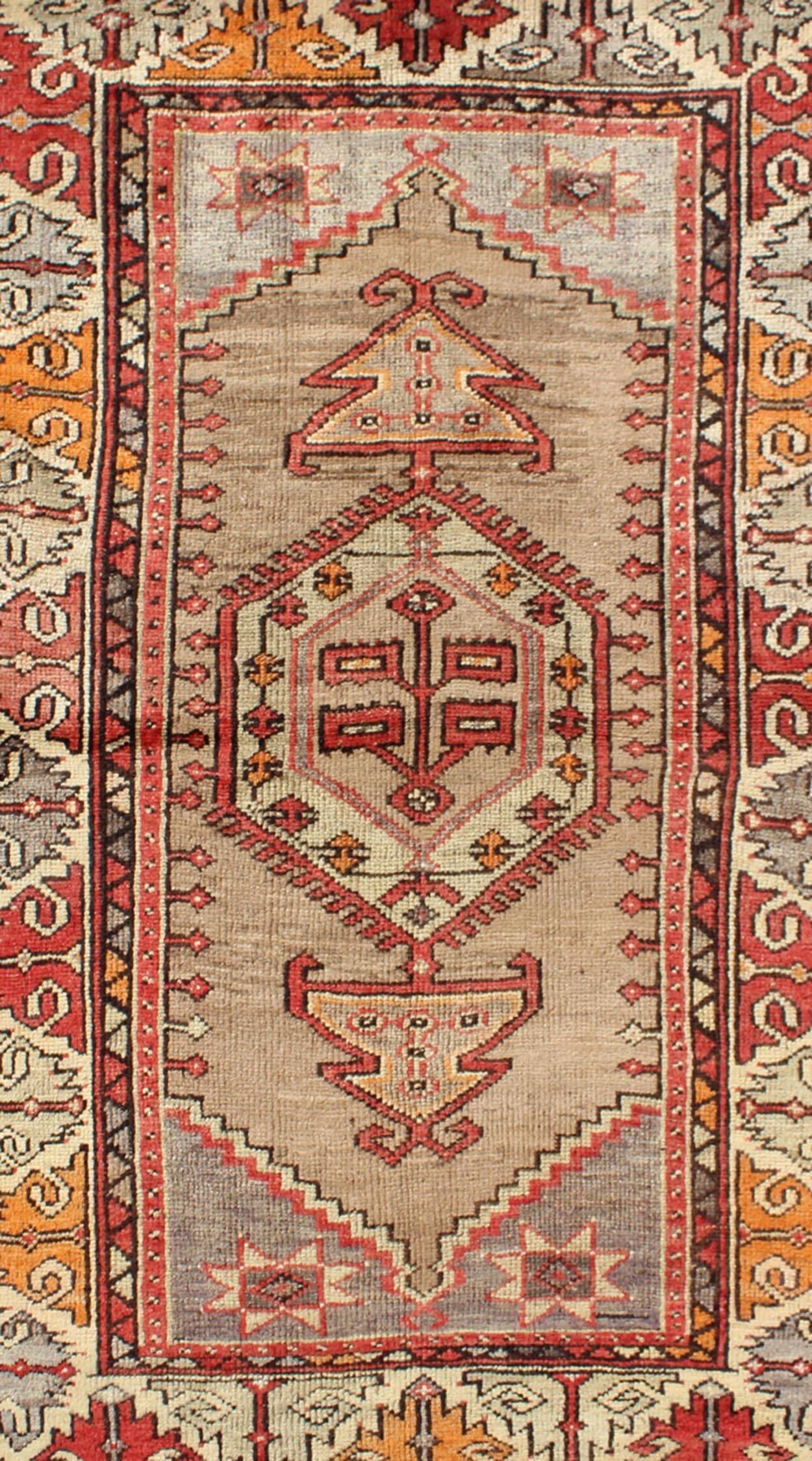 Hand-Knotted Colorful Vintage Turkish Oushak Rug With Geometric Design For Sale