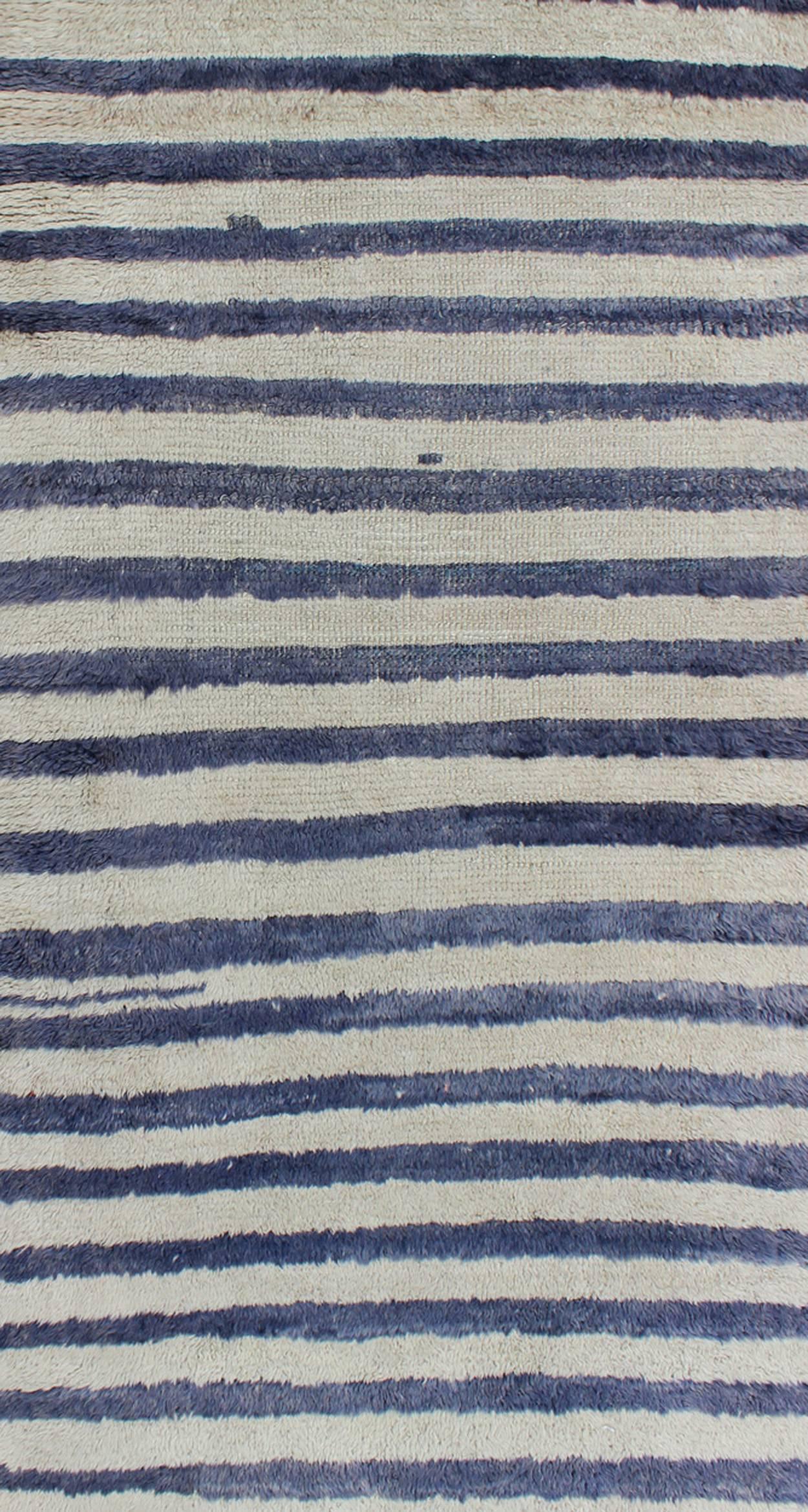 Hand-Knotted Turkish Angora Tulu Carpet with Cream and Navy Blue Stripe Pattern