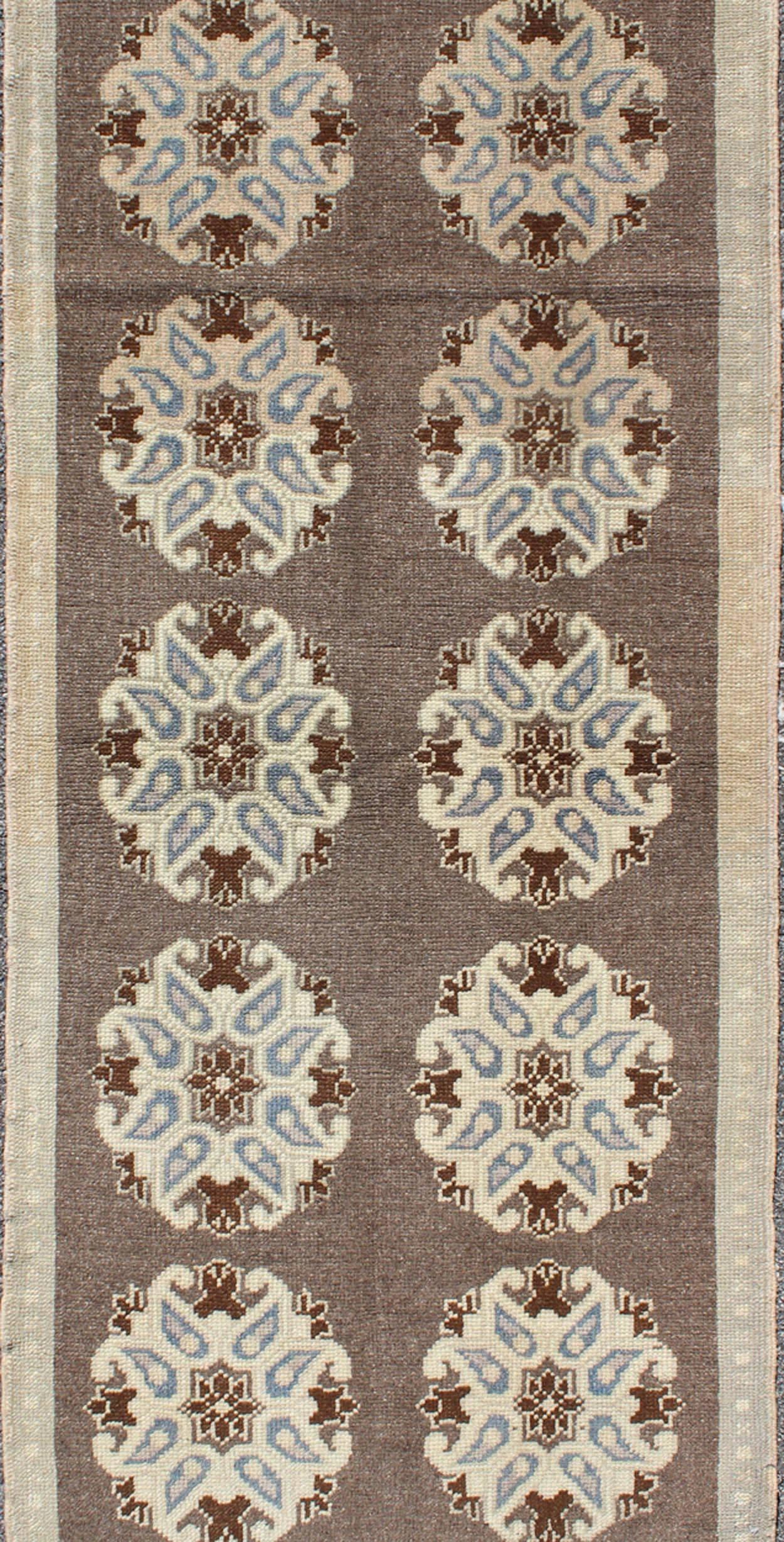 Hand-Knotted Tribal Turkish Oushak Carpet with Floral Medallions in Taupe, Ivory and Blue For Sale