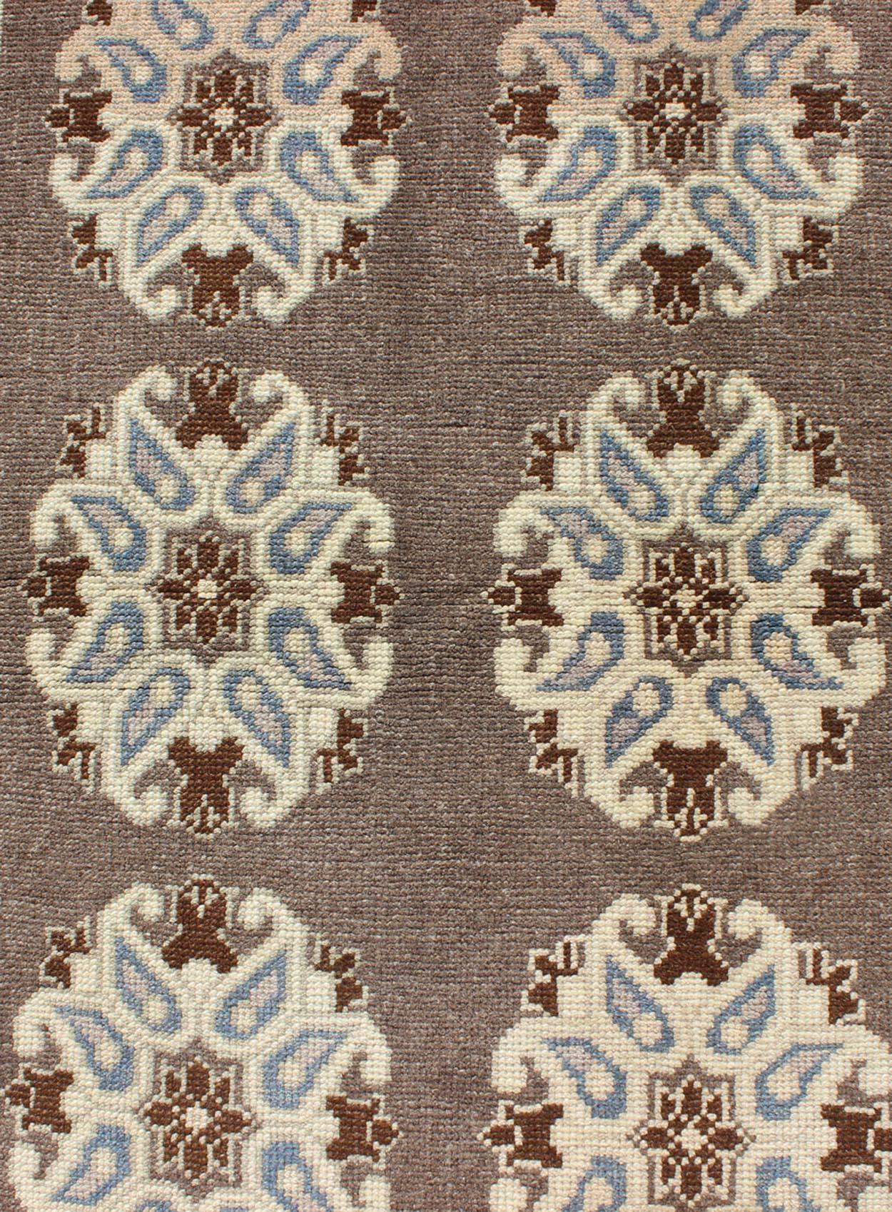Wool Tribal Turkish Oushak Carpet with Floral Medallions in Taupe, Ivory and Blue For Sale
