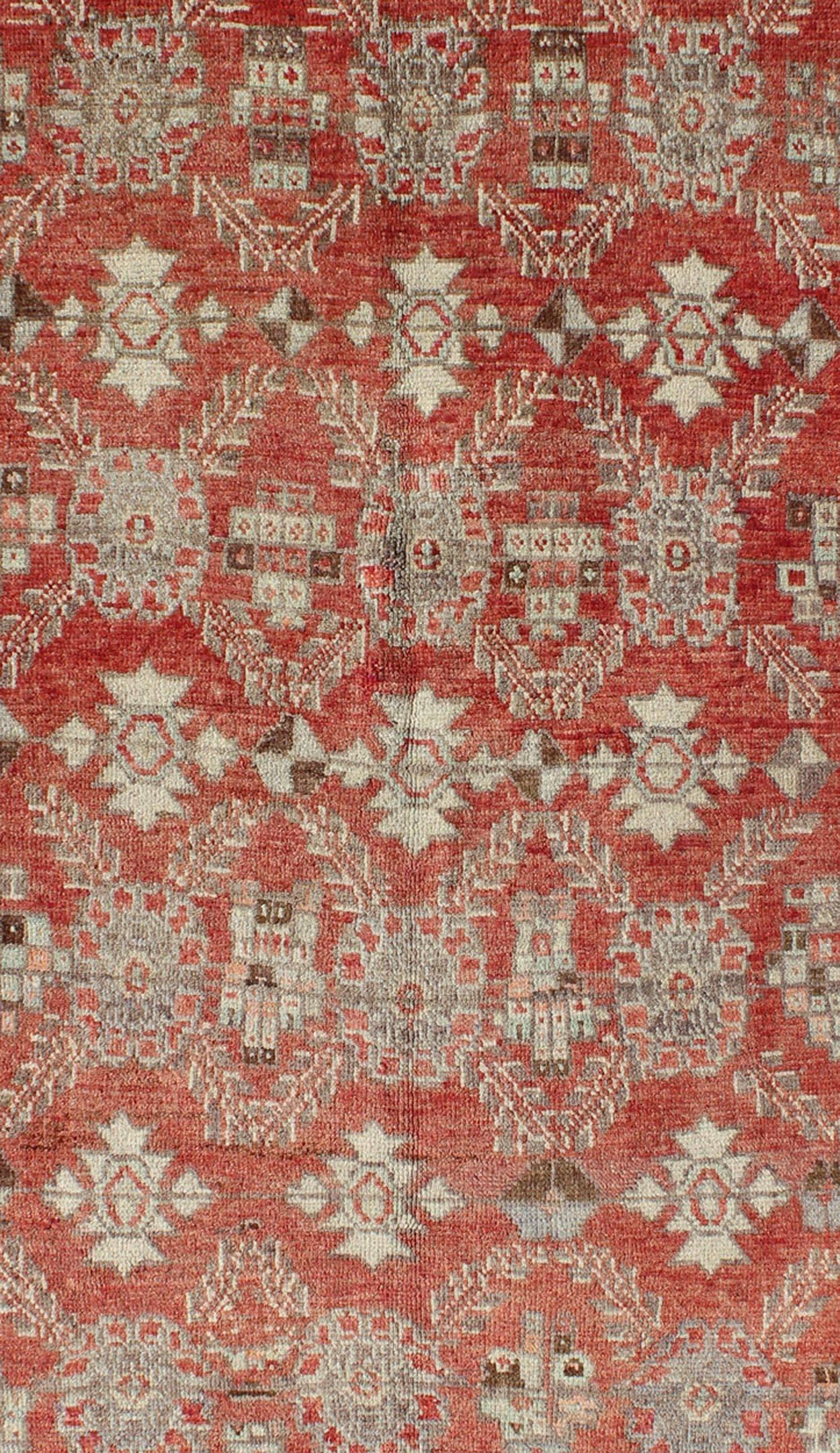 Turkish Oushak Rug With Interconnected Floral Designs in Red, Brown & Light Green For Sale