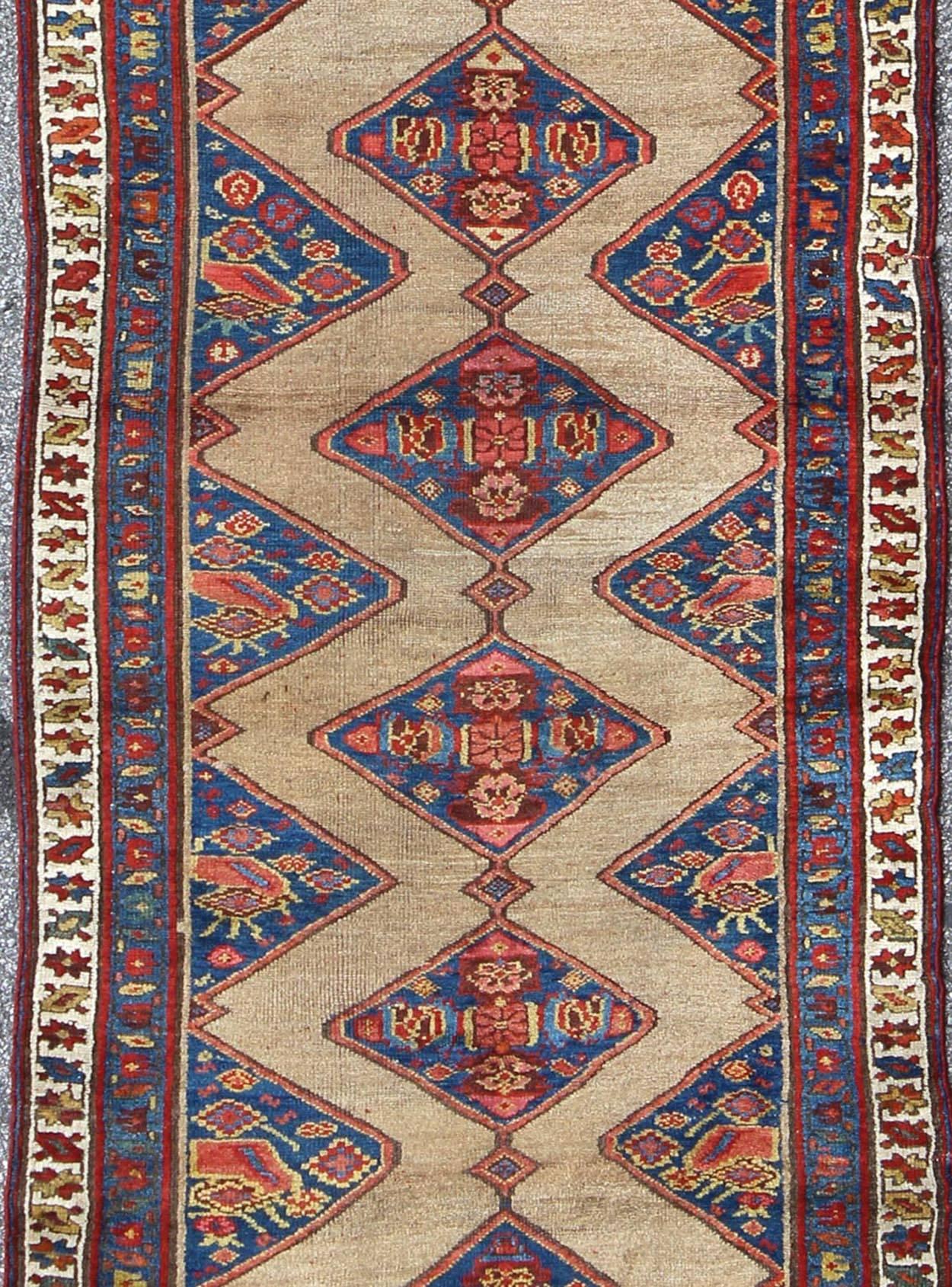 Tribal Colorful Long Antique Persian Serab Runner with Camel, Blue, Red and Brown For Sale