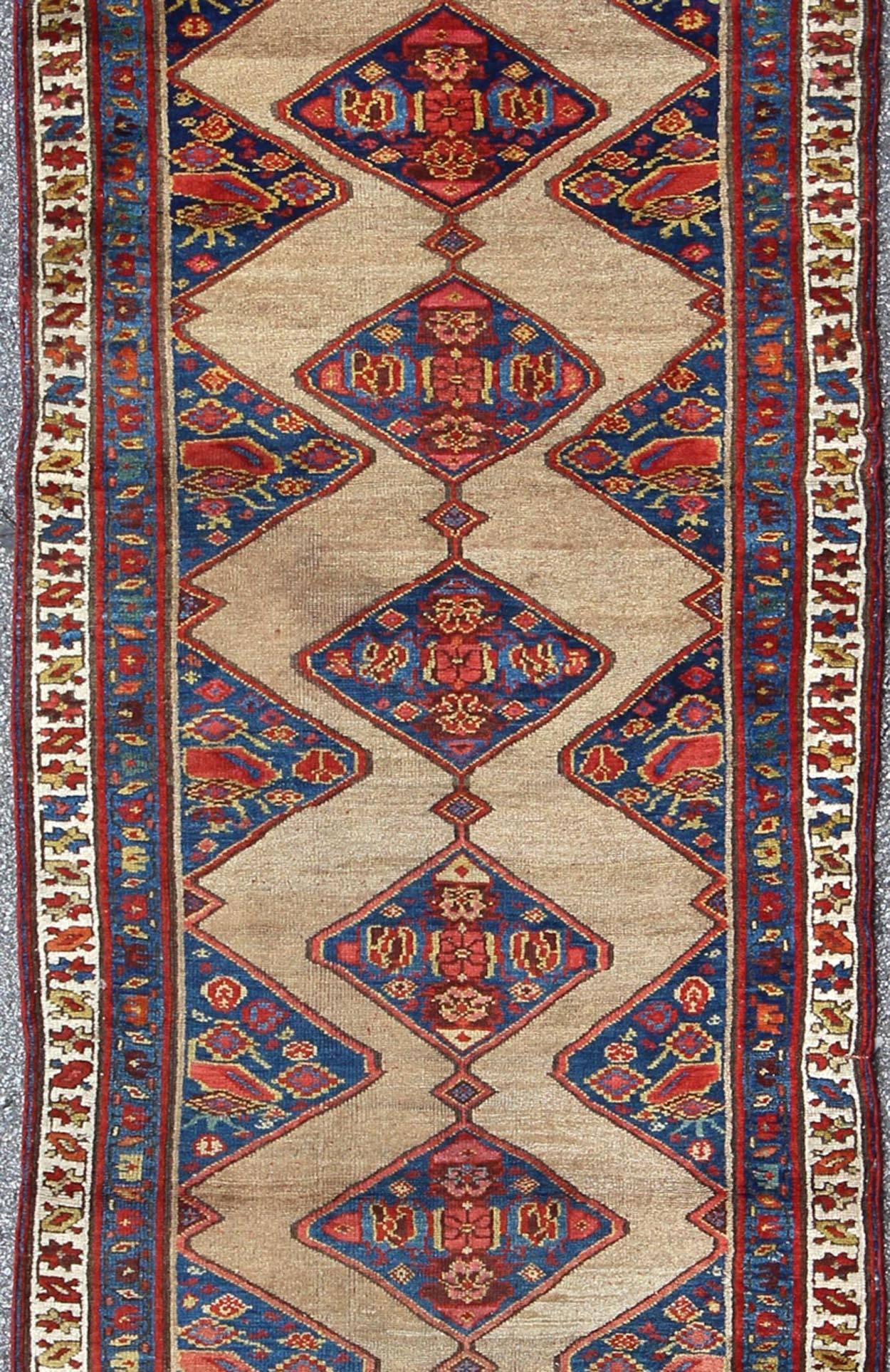 Hand-Knotted Colorful Long Antique Persian Serab Runner with Camel, Blue, Red and Brown For Sale