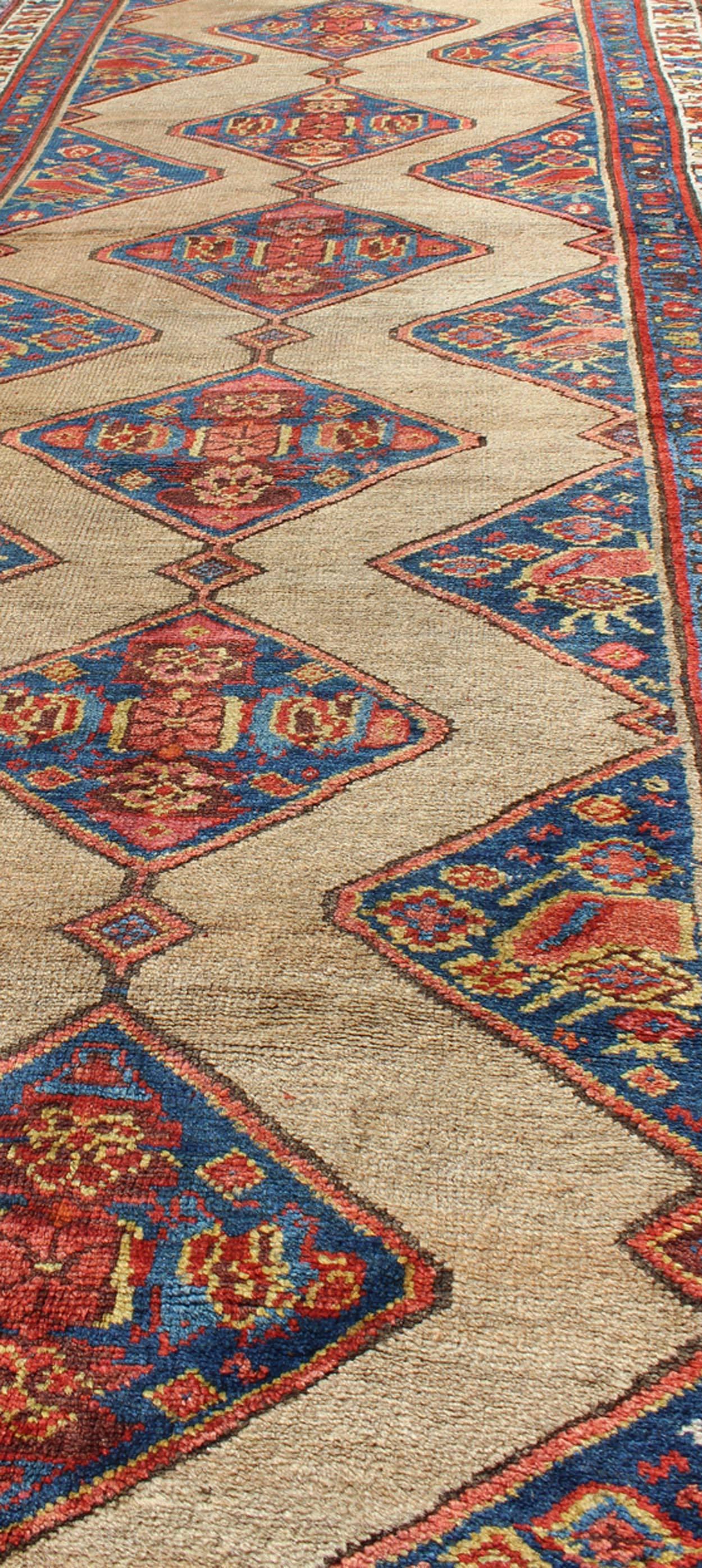 Colorful Long Antique Persian Serab Runner with Camel, Blue, Red and Brown In Excellent Condition For Sale In Atlanta, GA