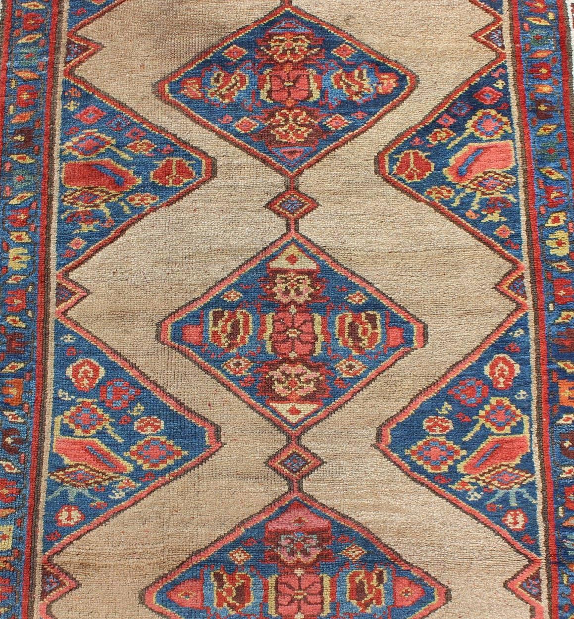 Early 20th Century Colorful Long Antique Persian Serab Runner with Camel, Blue, Red and Brown For Sale