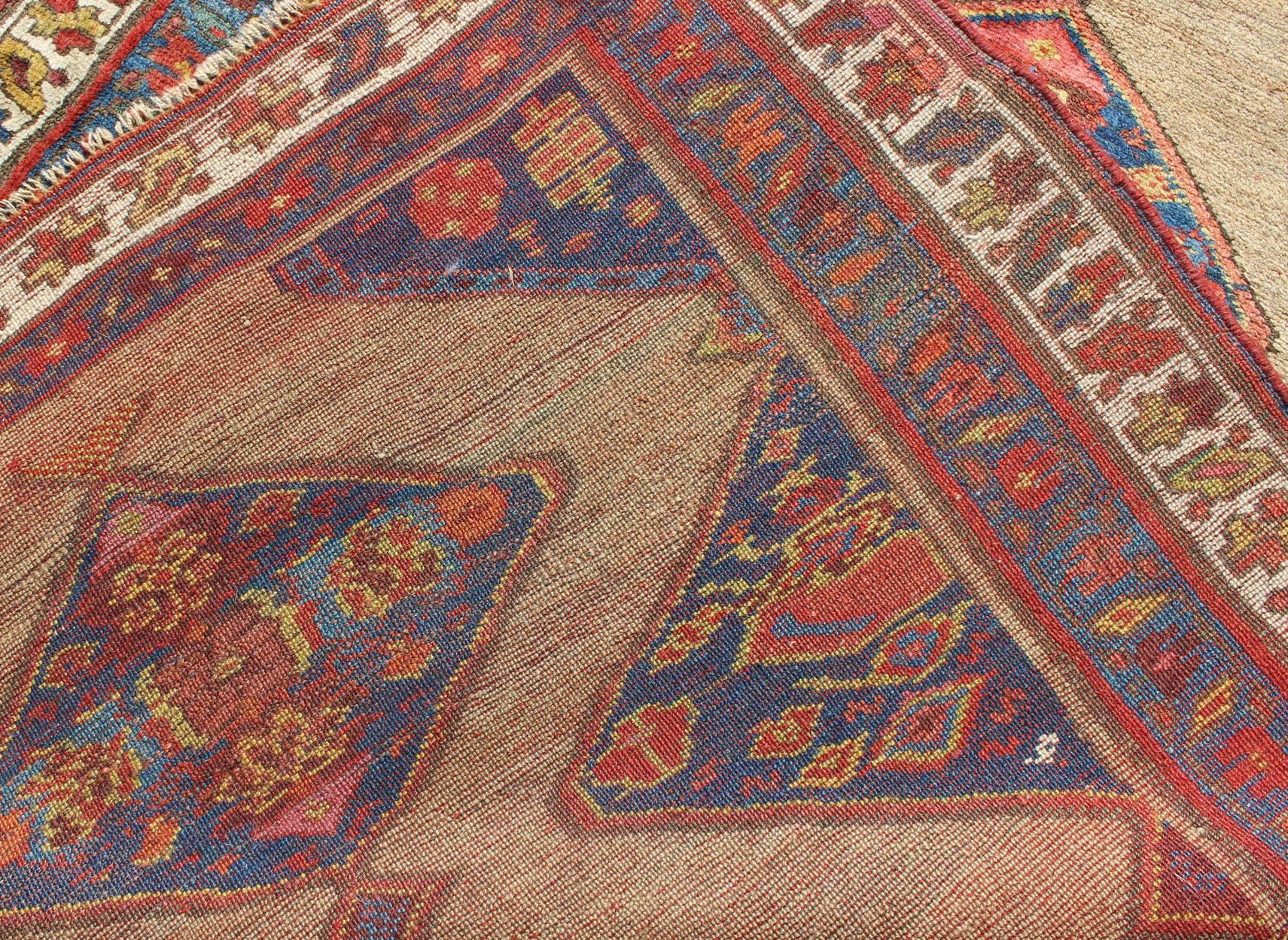 Wool Colorful Long Antique Persian Serab Runner with Camel, Blue, Red and Brown For Sale