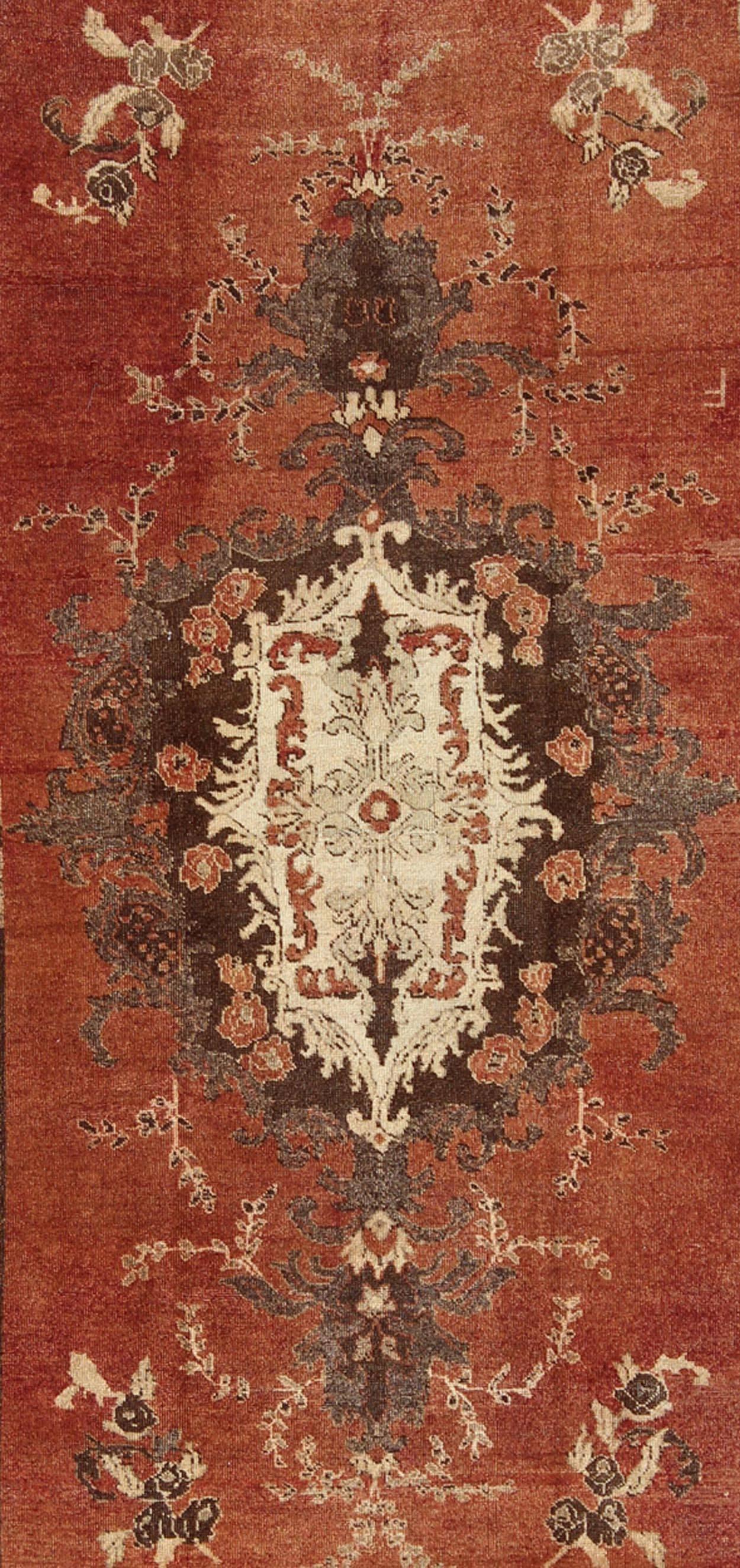 Turkish Vintage Oushak Carpet from Turkey with Faint Red Field and Floral Medallion For Sale