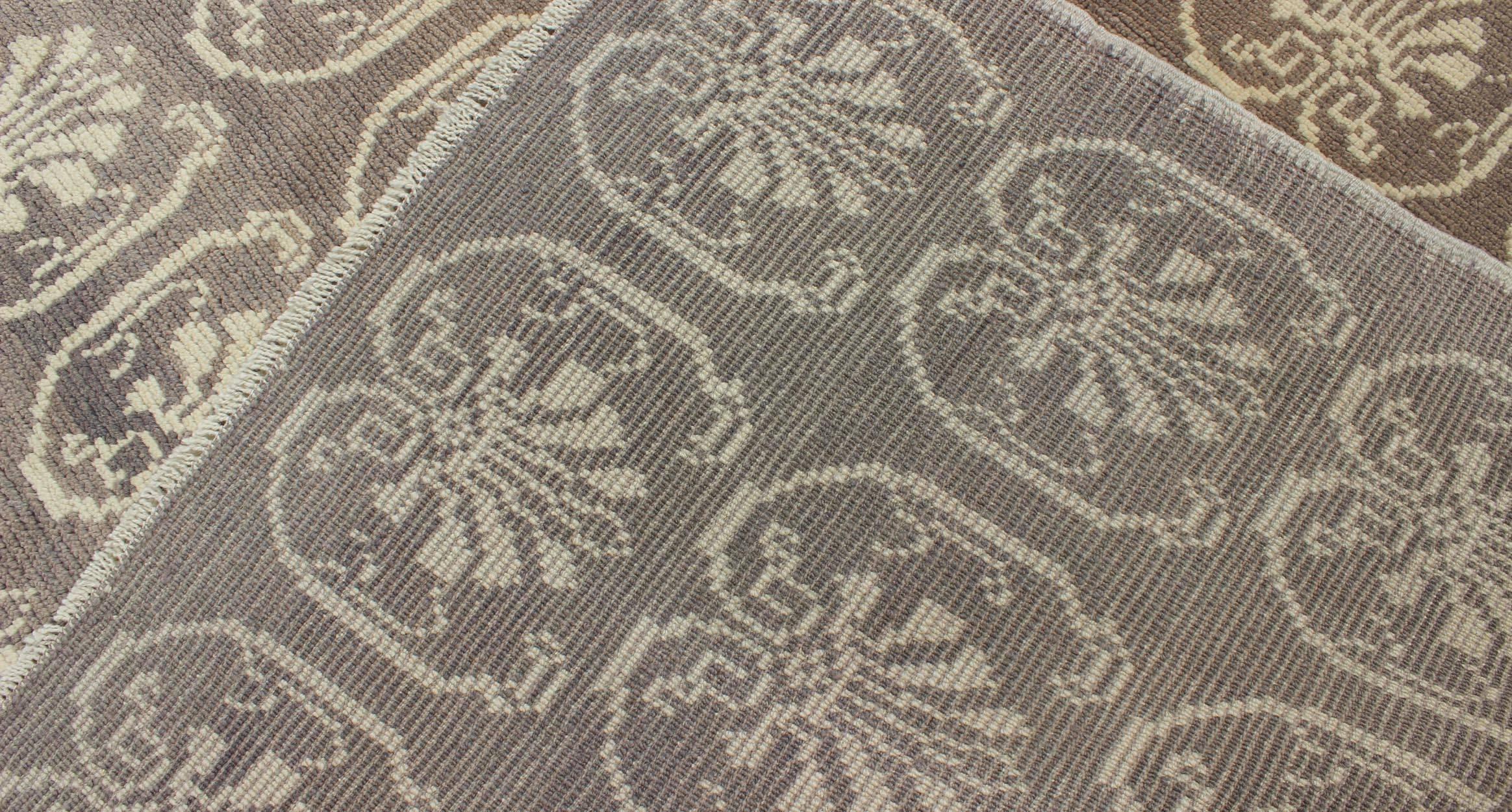 Wool All-Over Design Vintage Turkish Tulu Carpet with Cream and Gray/Aubergine  For Sale