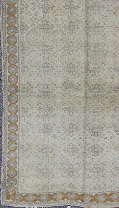 Vintage Turkish Oushak Rug with Gray and White Floral Design & Geometric Border