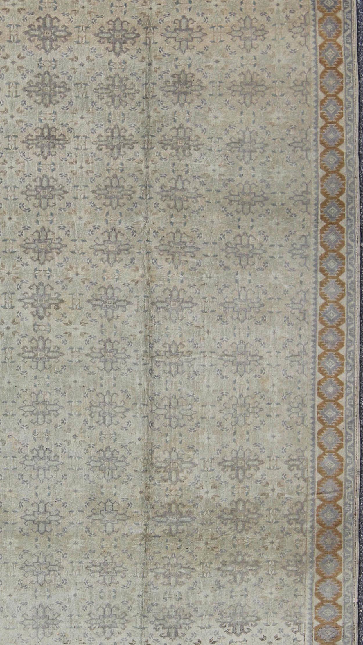 Hand-Knotted Vintage Turkish Oushak Rug with Gray and White Floral Design & Geometric Border