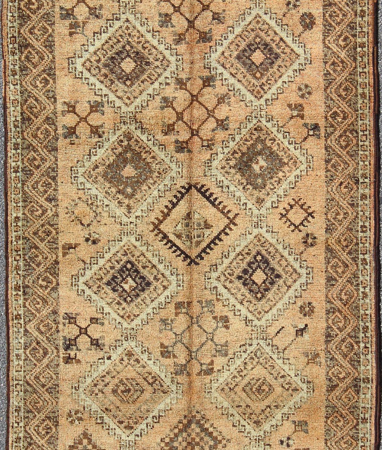 Hand-Knotted Vintage Tribal Turkish wide runner with Repeating Diamond & Geometric Motifs For Sale