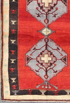 Vintage Turkish Oushak Rug with Bold Crimson Field and Gray Geometric