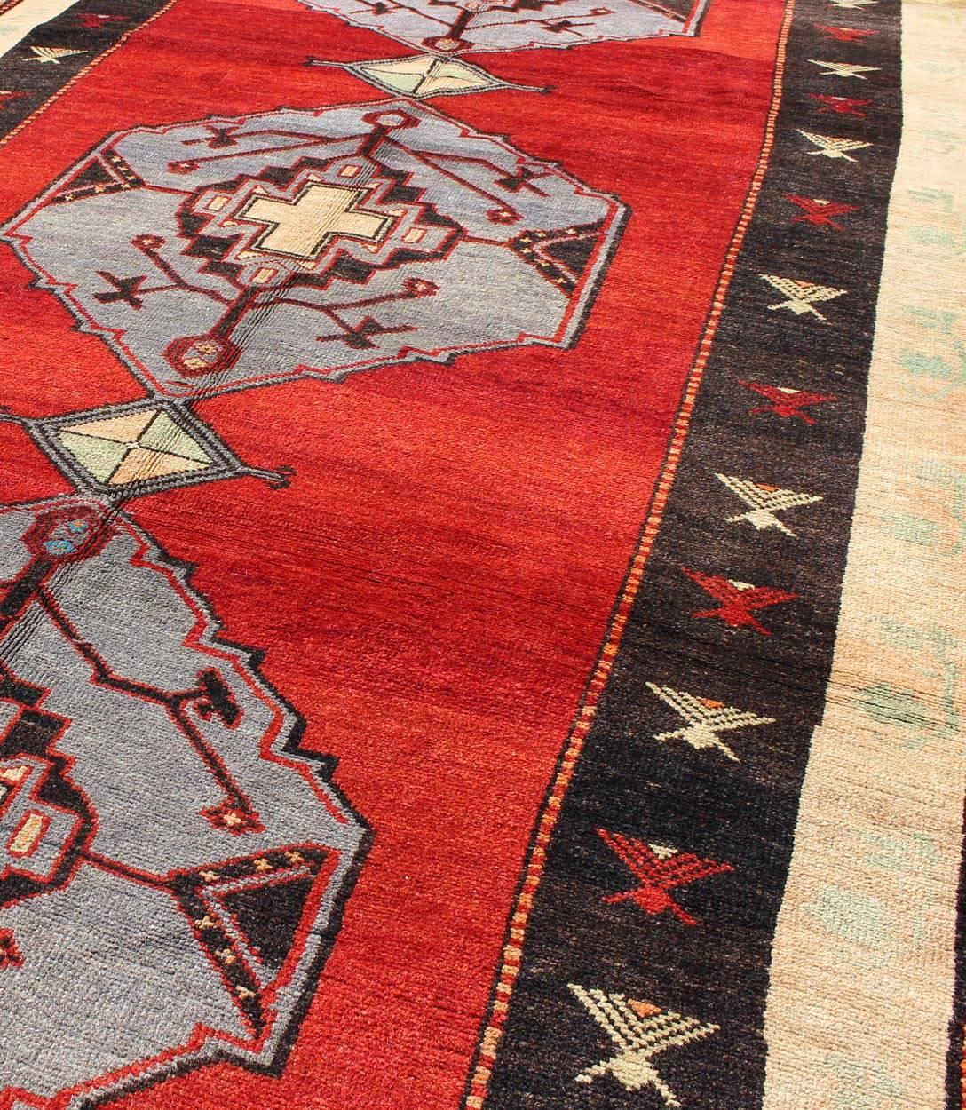 Vintage Turkish Rug With Multi-Layered Diamond Medallions in Beautiful Red In Excellent Condition For Sale In Atlanta, GA