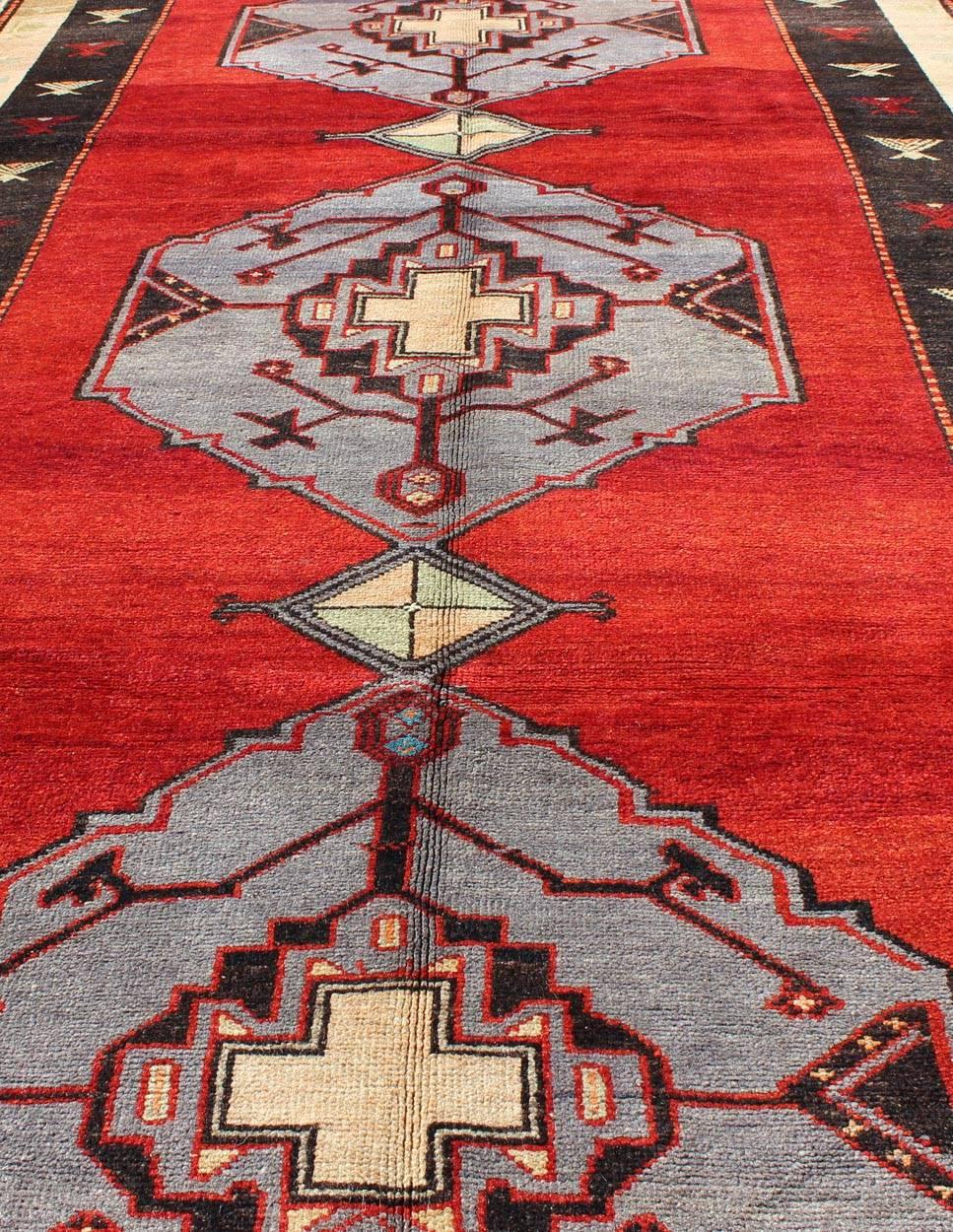 20th Century Vintage Turkish Rug With Multi-Layered Diamond Medallions in Beautiful Red For Sale