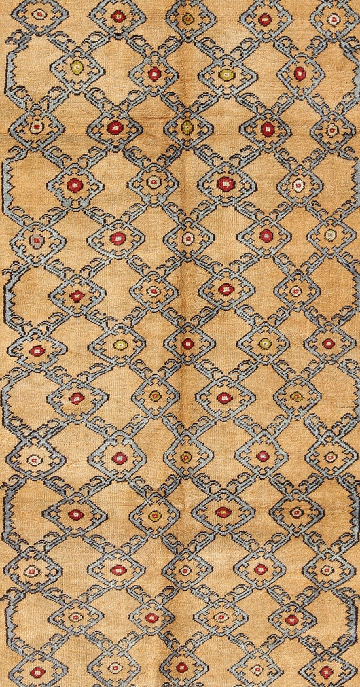 Hand-Knotted Colorful Turkish Oushak Runner with Striking Yellow Field and Geometric Motifs For Sale