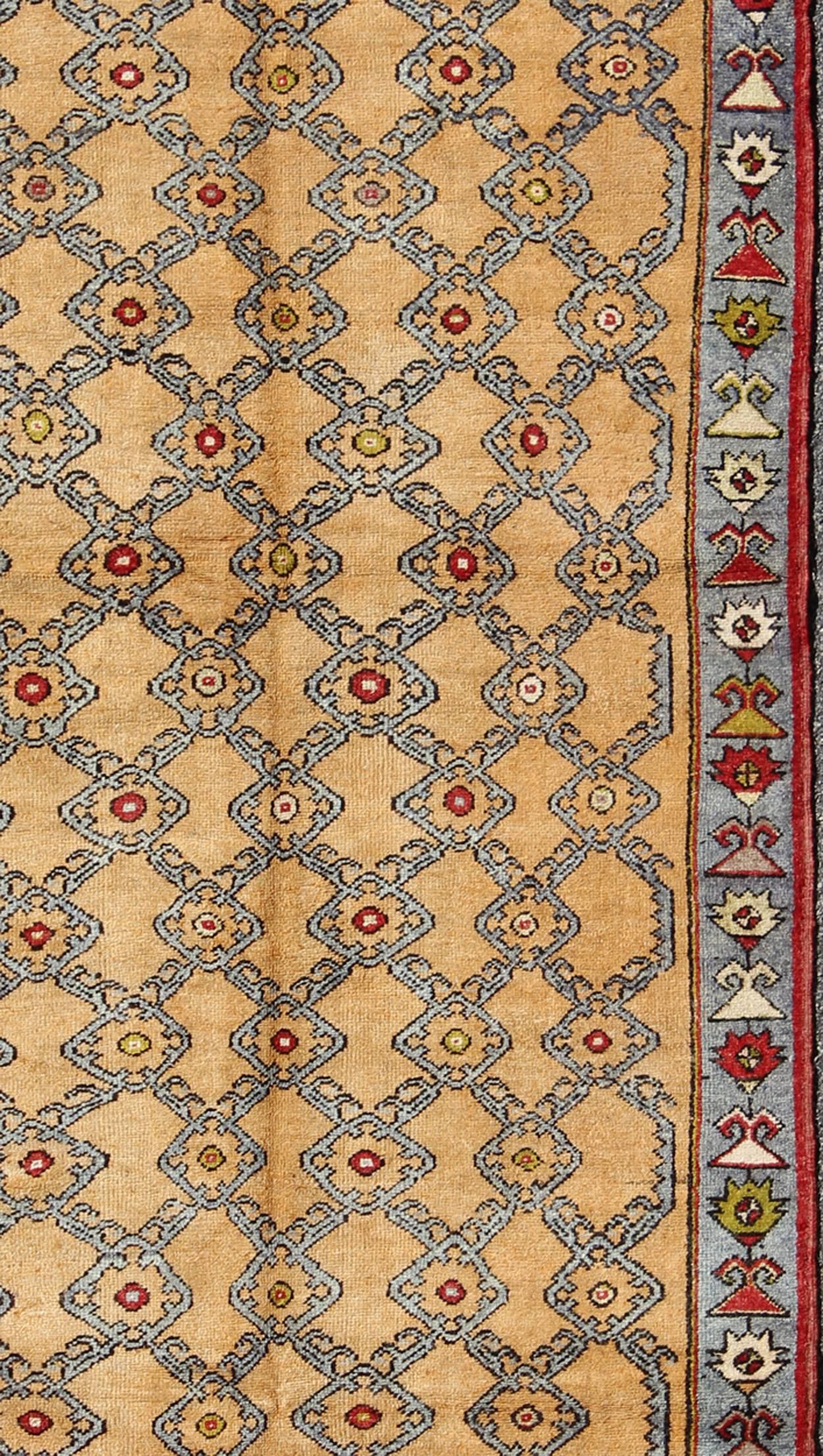 Colorful Turkish Oushak Runner with Striking Yellow Field and Geometric Motifs In Excellent Condition For Sale In Atlanta, GA