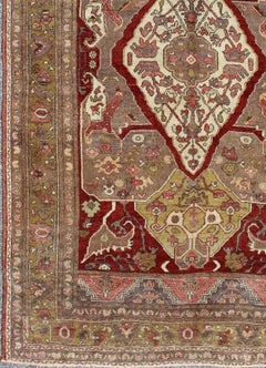 Antique Turkish Oushak Rug in Rich Burgundy, Olive Green, and Cream