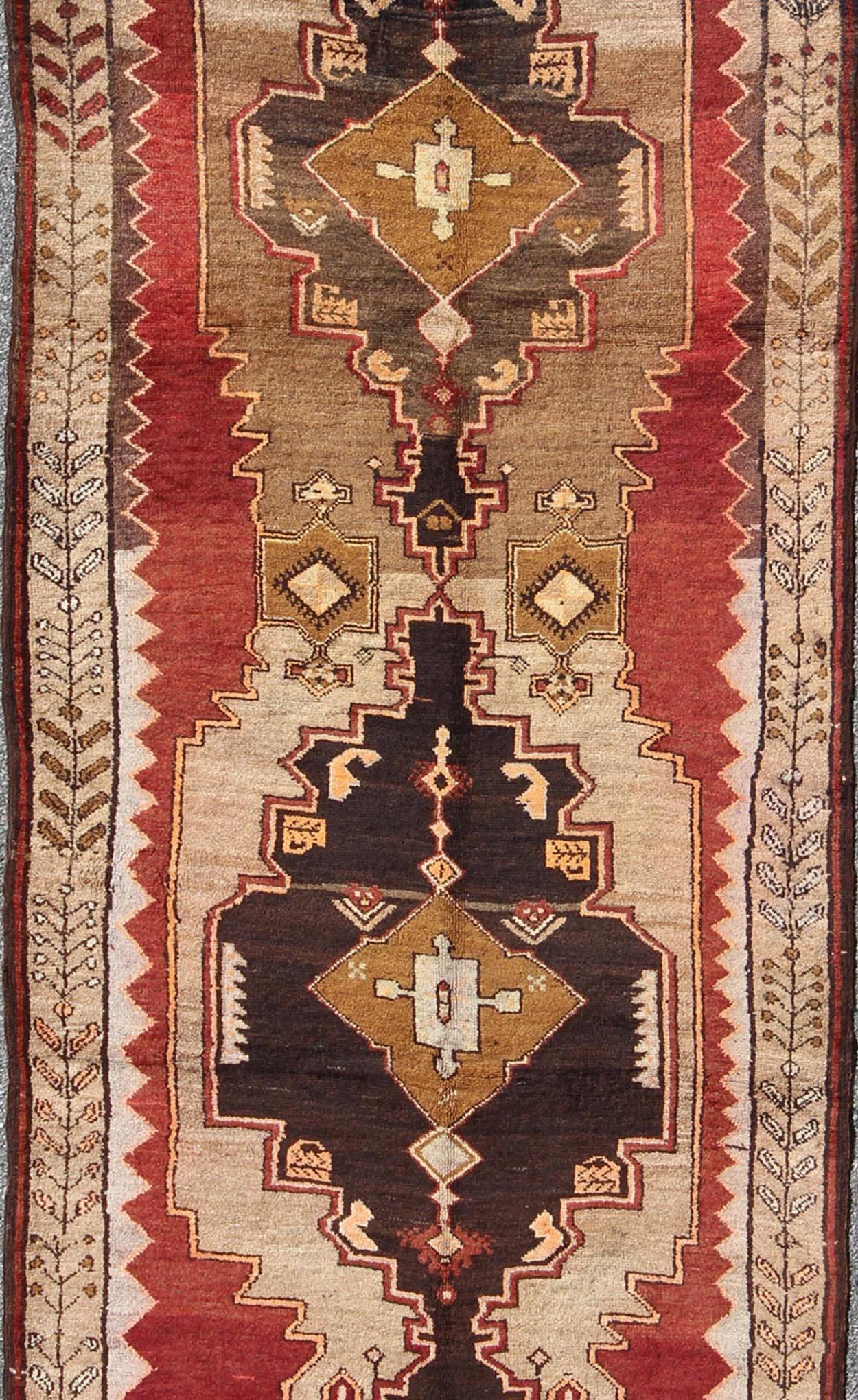 Oushak Tribal Turkish Rug from Turkey with Colorful Dual Central Medallion Design For Sale