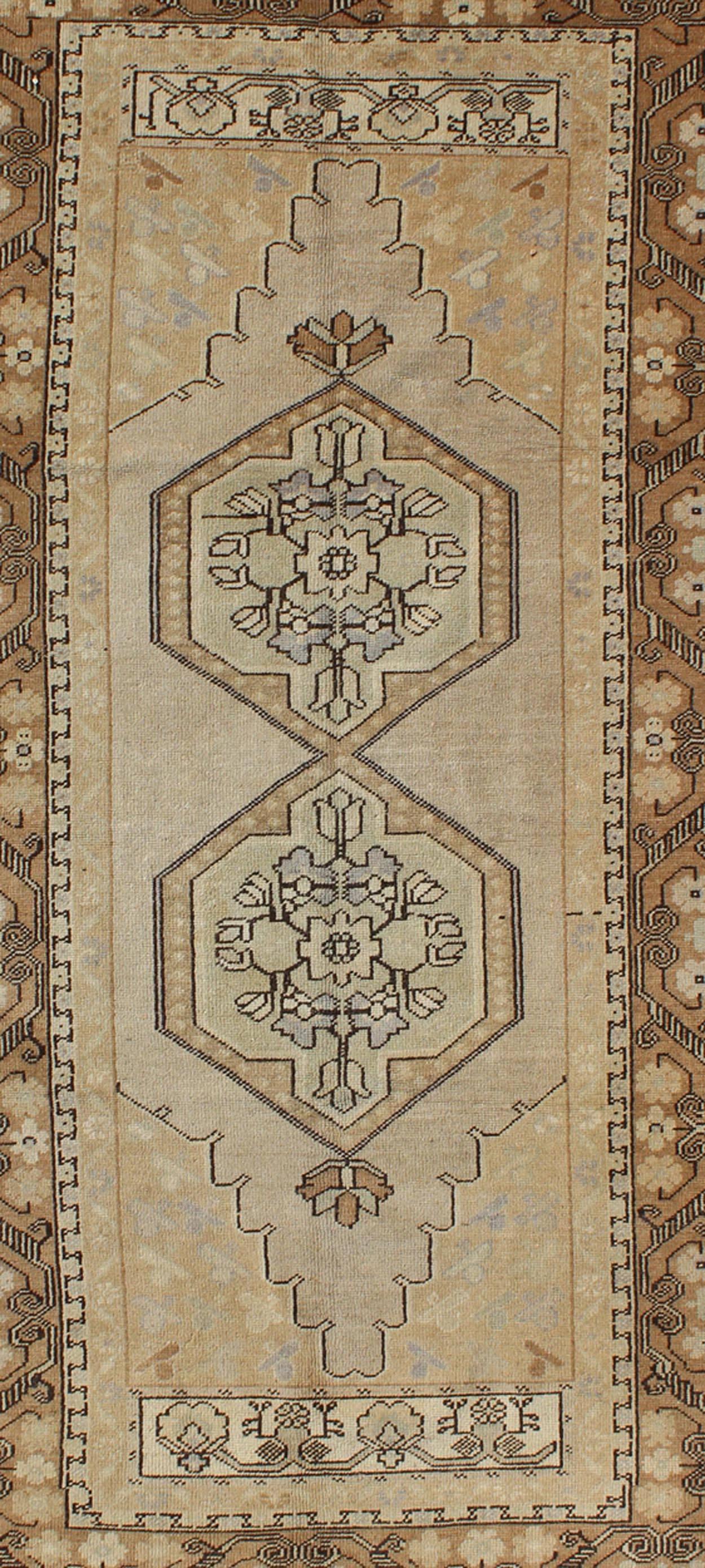 Hand-Knotted Vintage Turkish Oushak Carpet with Multi-Layered Diamond Medallions in Taupe For Sale