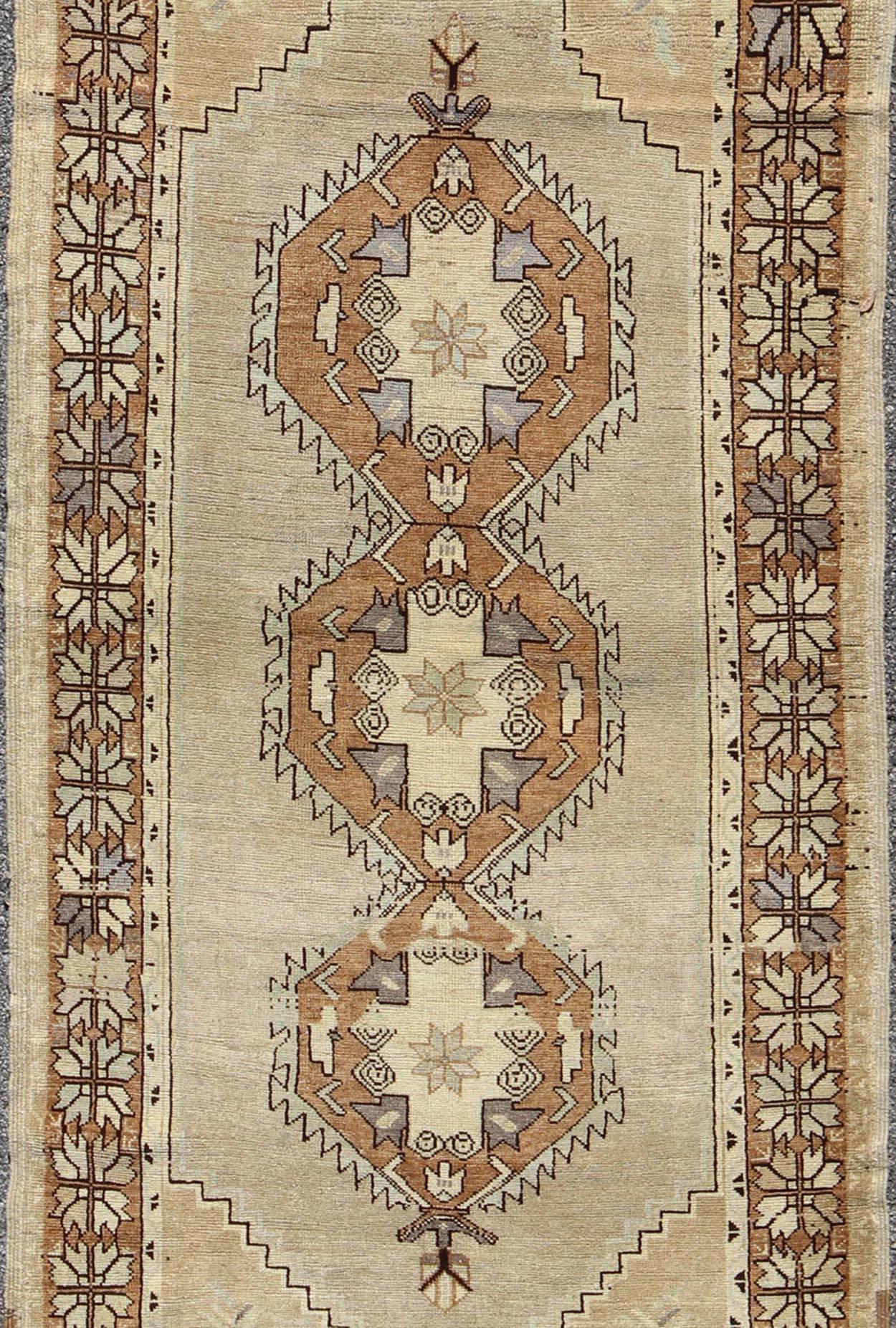 Hand-Knotted Vintage Turkish Oushak Rug with Multi-Layered Diamonds in Taupe, Gray, and Blue For Sale