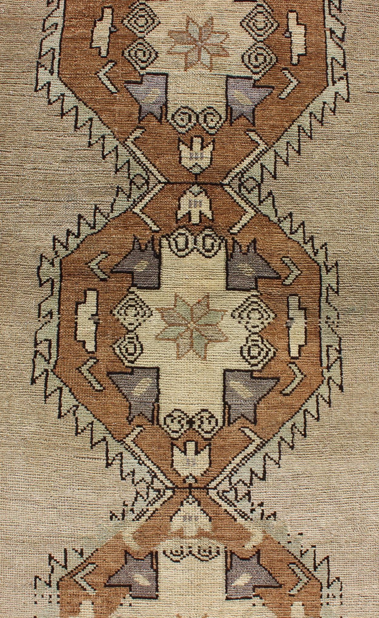 Wool Vintage Turkish Oushak Rug with Multi-Layered Diamonds in Taupe, Gray, and Blue For Sale