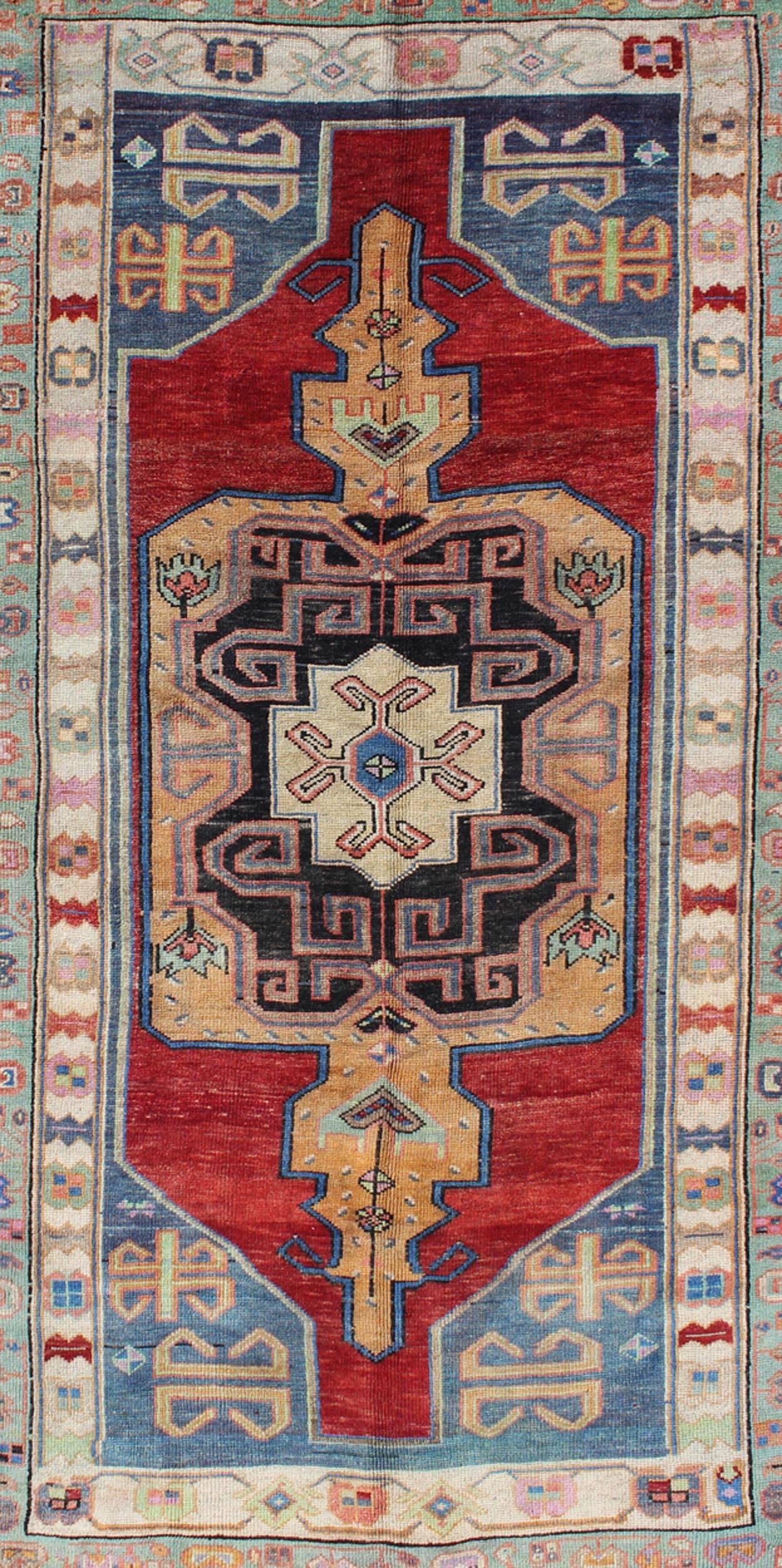 Hand-Knotted Beautiful Turkish Oushak Rug with Unique Colors and Geometric Design For Sale