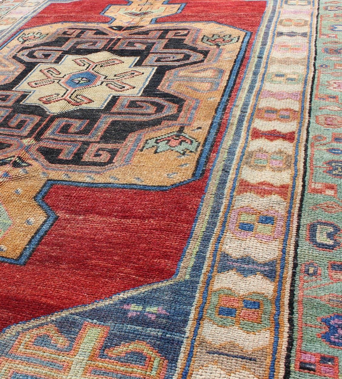 20th Century Beautiful Turkish Oushak Rug with Unique Colors and Geometric Design For Sale
