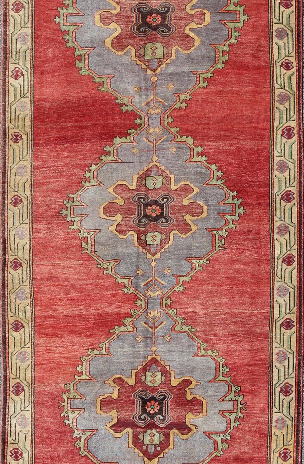 Hand-Knotted Vintage Turkish Oushak Rug with Three Large Medallions and Vining Floral Border For Sale